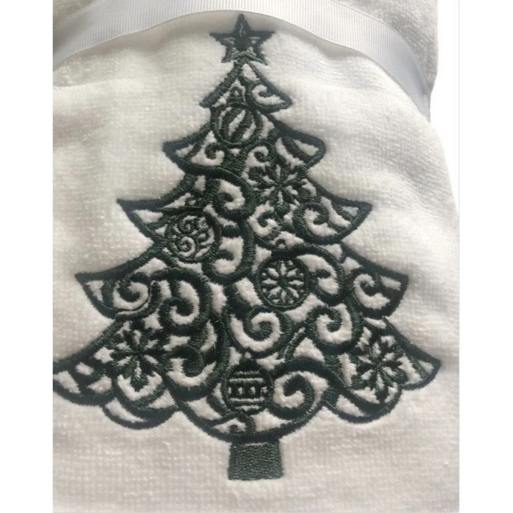 Christmas Tree Embroidered Hand Towels Bathroom White Green Balsam Fir Set of 2